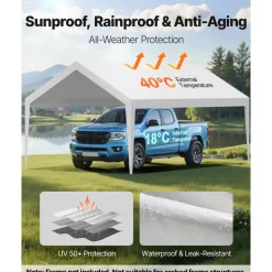 VEVOR Carport Replacement Canopy Cover 10 x 20 ft, Garage Top Tent Shelter Tarp Heavy-Duty Waterproof & UV Protected, Easy Installation with Ball Bungees,Beige (Only Top Cover, Frame Not Include)