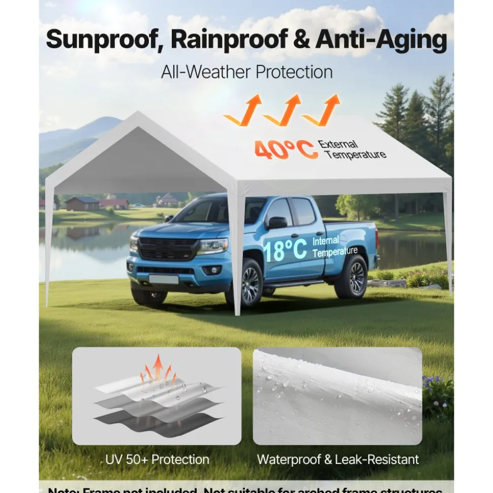 VEVOR Carport Replacement Canopy Cover 10 x 20 ft, Garage Top Tent Shelter Tarp Heavy-Duty Waterproof & UV Protected, Easy Installation with Ball Bungees,Beige (Only Top Cover, Frame Not Include)
