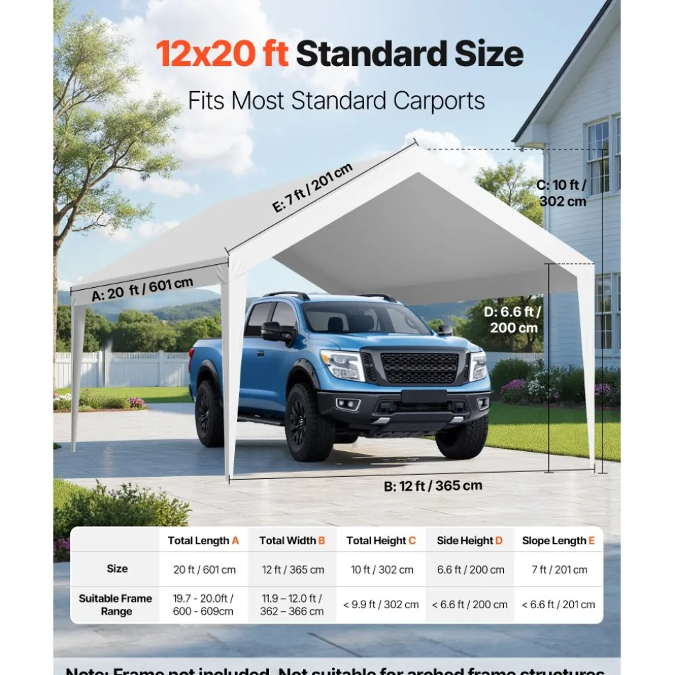 VEVOR Carport Replacement Canopy Cover 10 x 20 ft, Garage Top Tent Shelter Tarp Heavy-Duty Waterproof & UV Protected, Easy Installation with Ball Bungees,Beige (Only Top Cover, Frame Not Include)