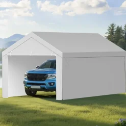 VEVOR Carport Replacement Canopy, 12 x 20 ft Potable Garage Tent Top Tarp with Sidewalls, UV-Resistant & Waterproof, Heavy Duty Car Shelter Tarp with Ball Buggees, Grey, Frame Not Included