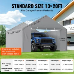 VEVOR Carport Replacement Canopy Cover Side Wall 13 x 20 ft, Garage Tent Shelter Tarp Heavy-Duty Waterproof & UV Protected, Easy Installation with Ball Bungees,Grey (Top and Frame Not Included)