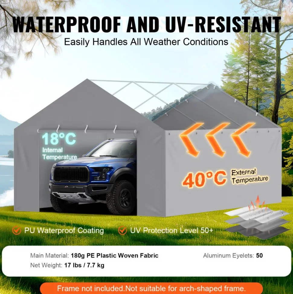 VEVOR Carport Replacement Canopy Cover Side Wall 13 x 20 ft, Garage Tent Shelter Tarp Heavy-Duty Waterproof & UV Protected, Easy Installation with Ball Bungees,Grey (Top and Frame Not Included)