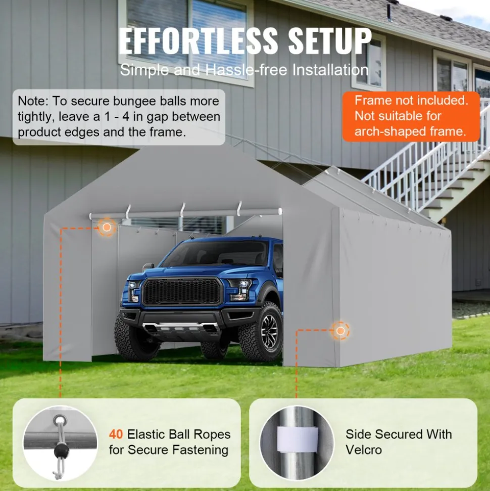 VEVOR Carport Replacement Canopy Cover Side Wall 13 x 20 ft, Garage Tent Shelter Tarp Heavy-Duty Waterproof & UV Protected, Easy Installation with Ball Bungees,Grey (Top and Frame Not Included)
