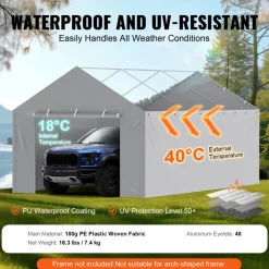 VEVOR Carport Replacement Canopy Cover Side Wall 12 x 20 ft, Garage Tent Shelter Tarp Heavy-Duty Waterproof & UV Protected, Easy Installation with Ball Bungees,Grey (Top and Frame Not Included)