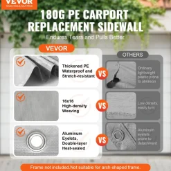 VEVOR Carport Replacement Canopy Cover Side Wall 12 x 20 ft, Garage Tent Shelter Tarp Heavy-Duty Waterproof & UV Protected, Easy Installation with Ball Bungees,Grey (Top and Frame Not Included)