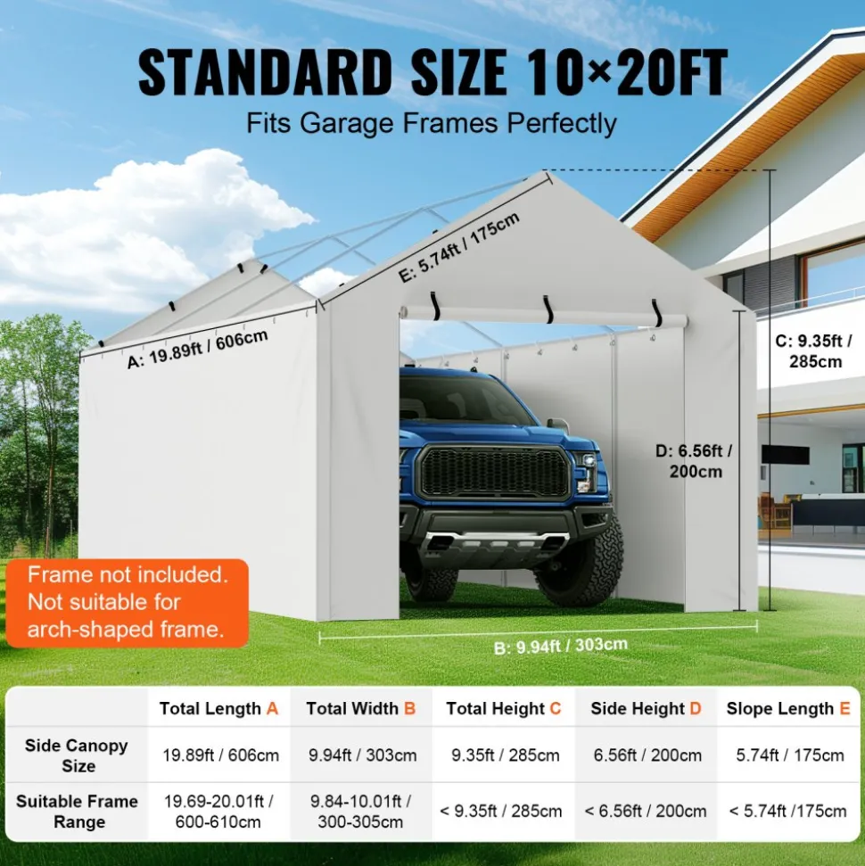 VEVOR Carport Replacement Canopy Cover Side Wall 10 x 20 ft, Garage Tent Shelter Tarp Heavy-Duty Waterproof & UV Protected, Easy Installation with Ball Bungees,White (Top and Frame Not Included)
