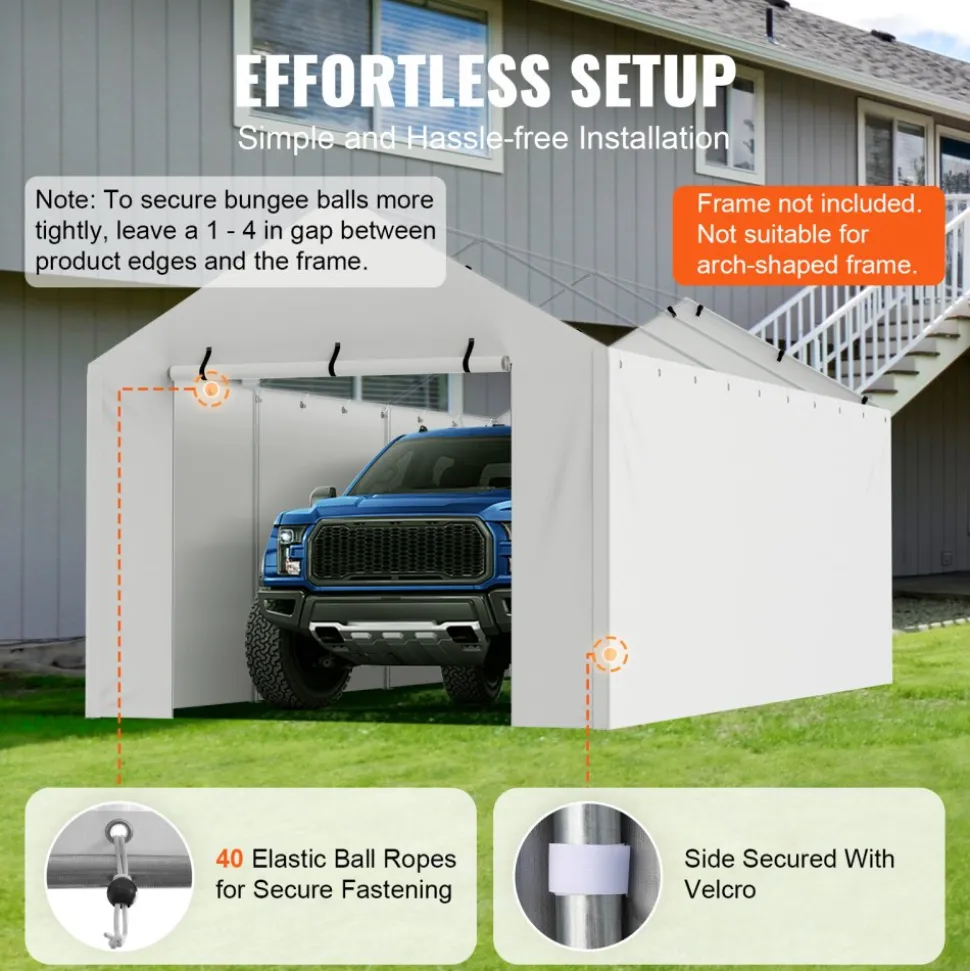 VEVOR Carport Replacement Canopy Cover Side Wall 10 x 20 ft, Garage Tent Shelter Tarp Heavy-Duty Waterproof & UV Protected, Easy Installation with Ball Bungees,White (Top and Frame Not Included)