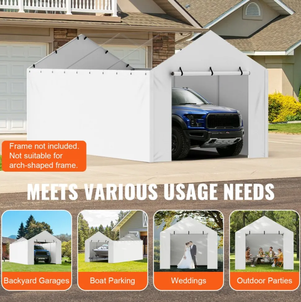 VEVOR Carport Replacement Canopy Cover Side Wall 10 x 20 ft, Garage Tent Shelter Tarp Heavy-Duty Waterproof & UV Protected, Easy Installation with Ball Bungees,White (Top and Frame Not Included)