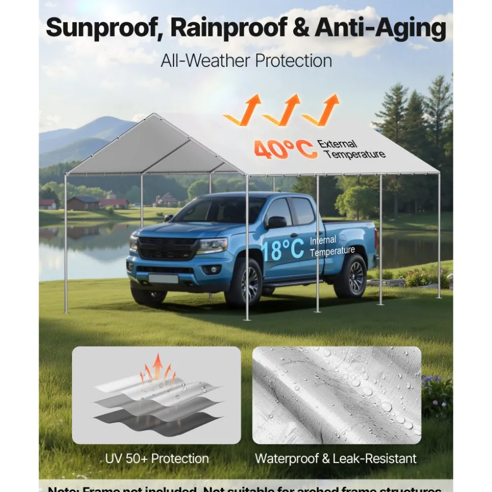 VEVOR Carport Replacement Canopy, 10 x 20 ft Potable Garage Tent Top Tarp, UV-Resistant & Waterproof Car Shelter Tarp, Heavy Duty Car Port Cover with Ball Buggees, Grey, Frame Not Included