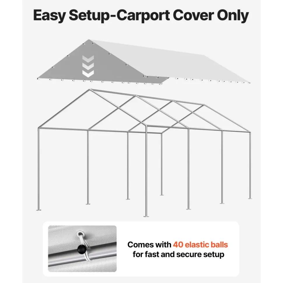 VEVOR Carport Replacement Canopy, 10 x 20 ft Potable Garage Tent Top Tarp, UV-Resistant & Waterproof Car Shelter Tarp, Heavy Duty Car Port Cover with Ball Buggees, Grey, Frame Not Included