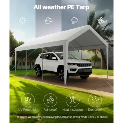VEVOR Carport, 10 x 20 FT Outdoor Car Canopy, Potable Carport, Heavy Duty Galvanized Car Shelter, UV-Resistant & Water-Resistant, All-Season Protection, Storage Shed for Boat Motorcycle White
