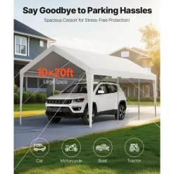 VEVOR Carport, 10 x 20 FT Outdoor Car Canopy, Potable Carport, Heavy Duty Galvanized Car Shelter, UV-Resistant & Water-Resistant, All-Season Protection, Storage Shed for Boat Motorcycle White
