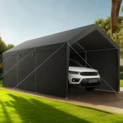 VEVOR Carport, 12 x 20 FT Outdoor Car Canopy, Potable Carport with Removable Sidewalls & Door, Heavy Duty Car Shelter, UV-Resistant & Water-Resistant, All-Season Protection for Automobile Boat Grey