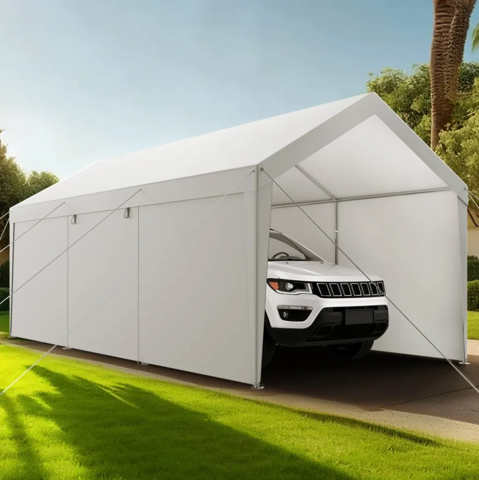 VEVOR Carport, 12 x 20 FT Outdoor Car Canopy, Potable Carport with Removable Sidewalls & Door, Heavy Duty Car Shelter, UV-Resistant & Water-Resistant, All-Season Protection for Automobile Boat White