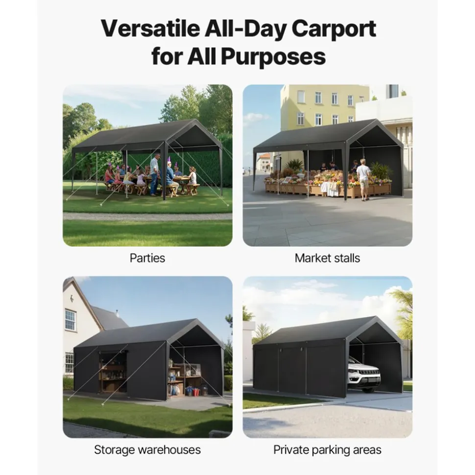 VEVOR Carport, 10 x 20 FT Outdoor Car Canopy, Potable Carport, Heavy Duty Galvanized Car Shelter, UV-Resistant & Water-Resistant, All-Season Protection, Storage Shed for Car Boat Motorcycle Grey