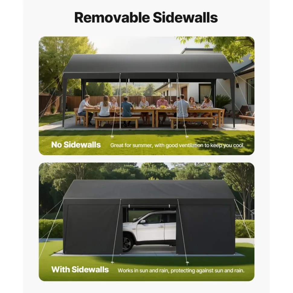 VEVOR Carport, 10 x 20 FT Outdoor Car Canopy, Potable Carport, Heavy Duty Galvanized Car Shelter, UV-Resistant & Water-Resistant, All-Season Protection, Storage Shed for Car Boat Motorcycle Grey