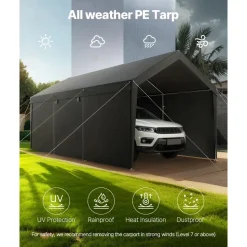 VEVOR Carport, 10 x 20 FT Outdoor Car Canopy, Potable Carport, Heavy Duty Galvanized Car Shelter, UV-Resistant & Water-Resistant, All-Season Protection, Storage Shed for Car Boat Motorcycle Grey