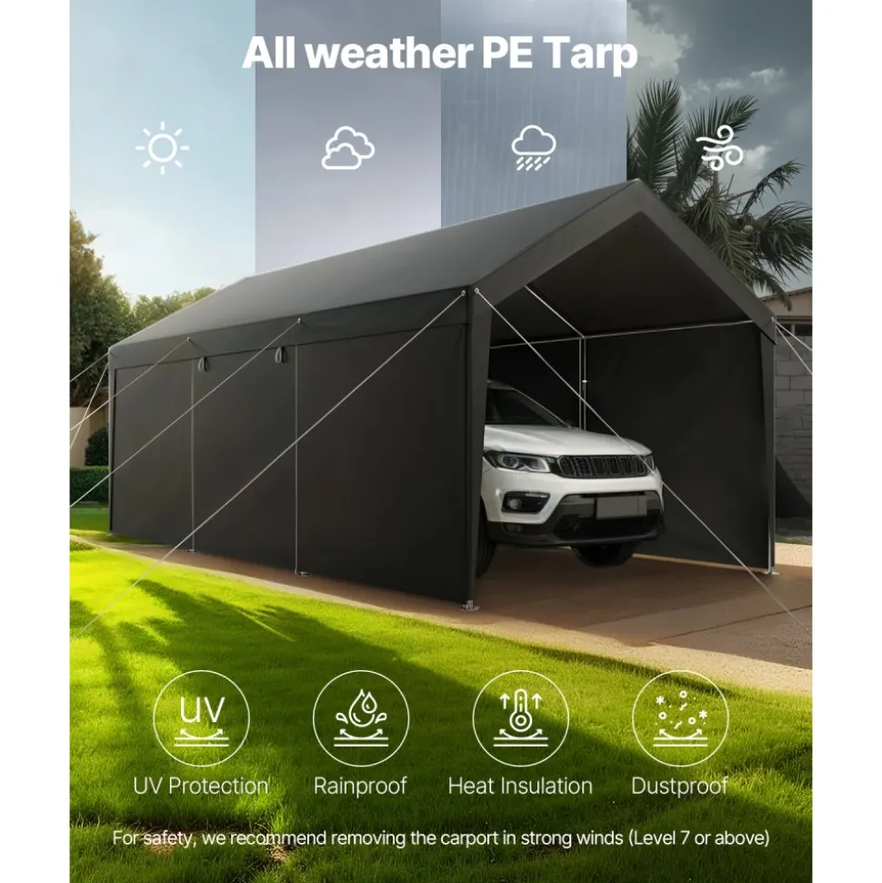 VEVOR Carport, 10 x 20 FT Outdoor Car Canopy, Potable Carport, Heavy Duty Galvanized Car Shelter, UV-Resistant & Water-Resistant, All-Season Protection, Storage Shed for Car Boat Motorcycle Grey