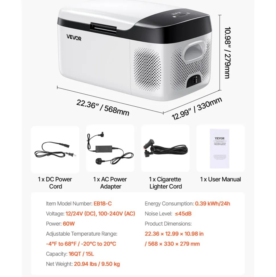VEVOR Car Refrigerator, DC 12/24V AC100-240V Compressor Electric Cooler, -4°F to 68°F Car Fridge with APP Control, 16 QT Cars Freezer for RVs, Campsites, Boats, Camping, Fishing, 60W Portable Freezer