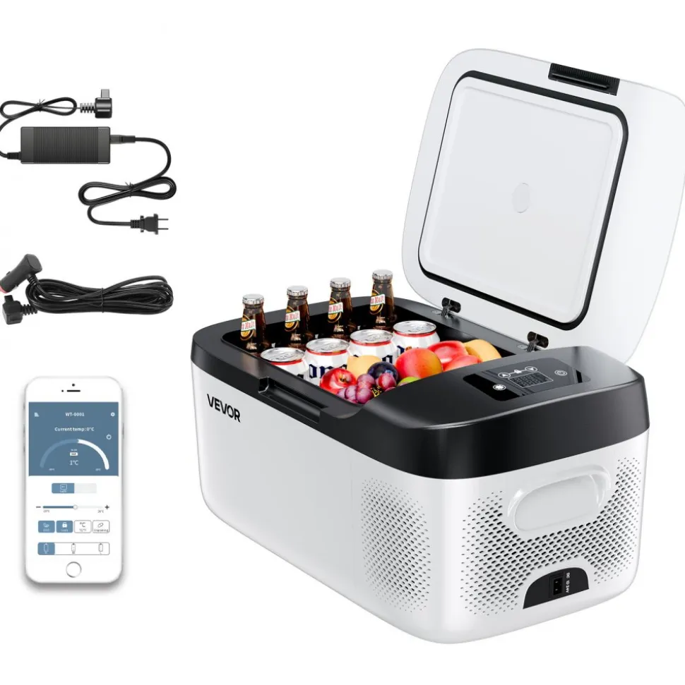 VEVOR Car Refrigerator, DC 12/24V AC100-240V Compressor Electric Cooler, -4°F to 68°F Car Fridge with APP Control, 16 QT Cars Freezer for RVs, Campsites, Boats, Camping, Fishing, 60W Portable Freezer