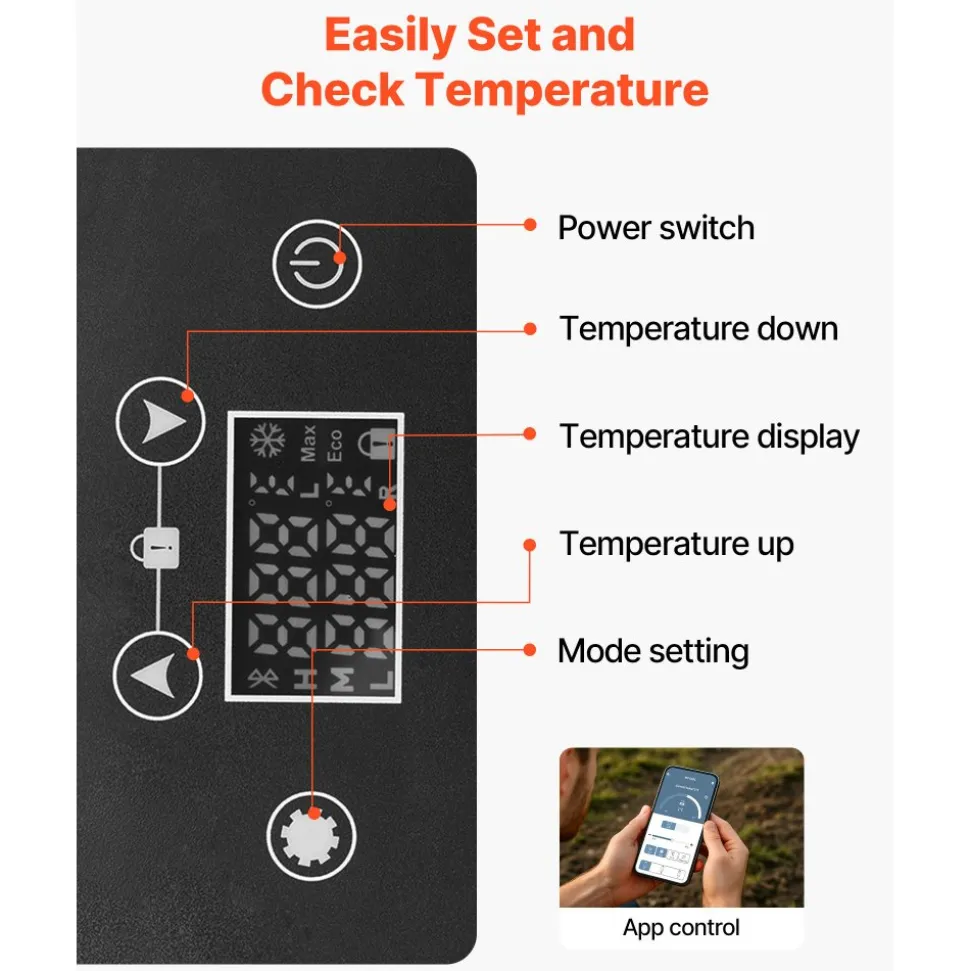 VEVOR Car Refrigerator, DC 12/24V AC100-240V Compressor Electric Cooler, -4°F to 68°F Car Fridge with APP Control, 16 QT Cars Freezer for RVs, Campsites, Boats, Camping, Fishing, 60W Portable Freezer