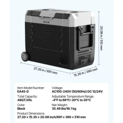 VEVOR Car Refrigerator, DC 12/24V AC100-240V Compressor Electric Cooler, -4°F to 68°F Truck Refrigerator with APP Control, Wheels & Dual Zone, 48 QT Cars Cooler for RVs, Boats, Camping, Fishing