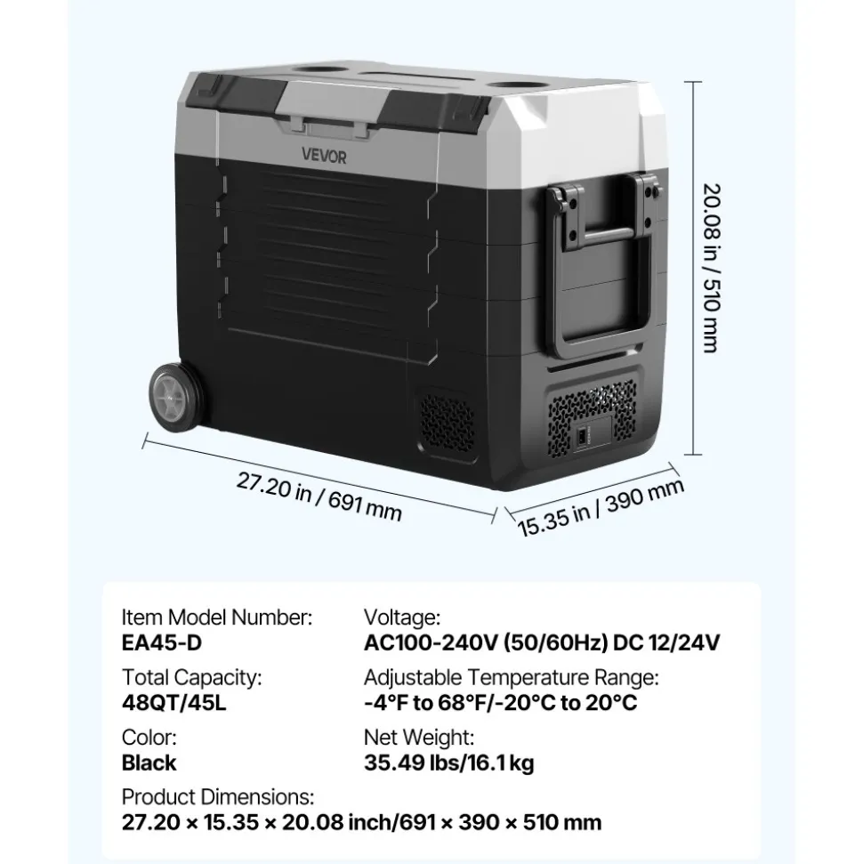 VEVOR Car Refrigerator, DC 12/24V AC100-240V Compressor Electric Cooler, -4°F to 68°F Truck Refrigerator with APP Control, Wheels & Dual Zone, 48 QT Cars Cooler for RVs, Boats, Camping, Fishing