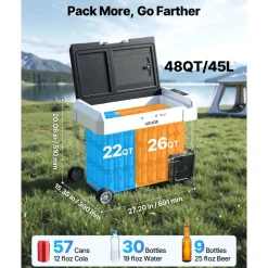 VEVOR Car Refrigerator, DC 12/24V AC100-240V Compressor Electric Cooler, -4°F to 68°F Truck Refrigerator with APP Control, Wheels & Dual Zone, 48 QT Cars Cooler for RVs, Boats, Camping, Fishing