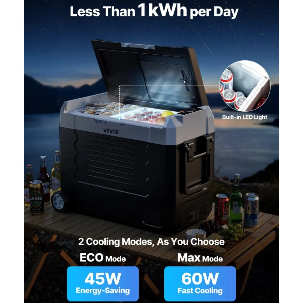 VEVOR Car Refrigerator, DC 12/24V AC100-240V Compressor Electric Cooler, -4°F to 68°F Truck Refrigerator with APP Control, Wheels & Dual Zone, 48 QT Cars Cooler for RVs, Boats, Camping, Fishing
