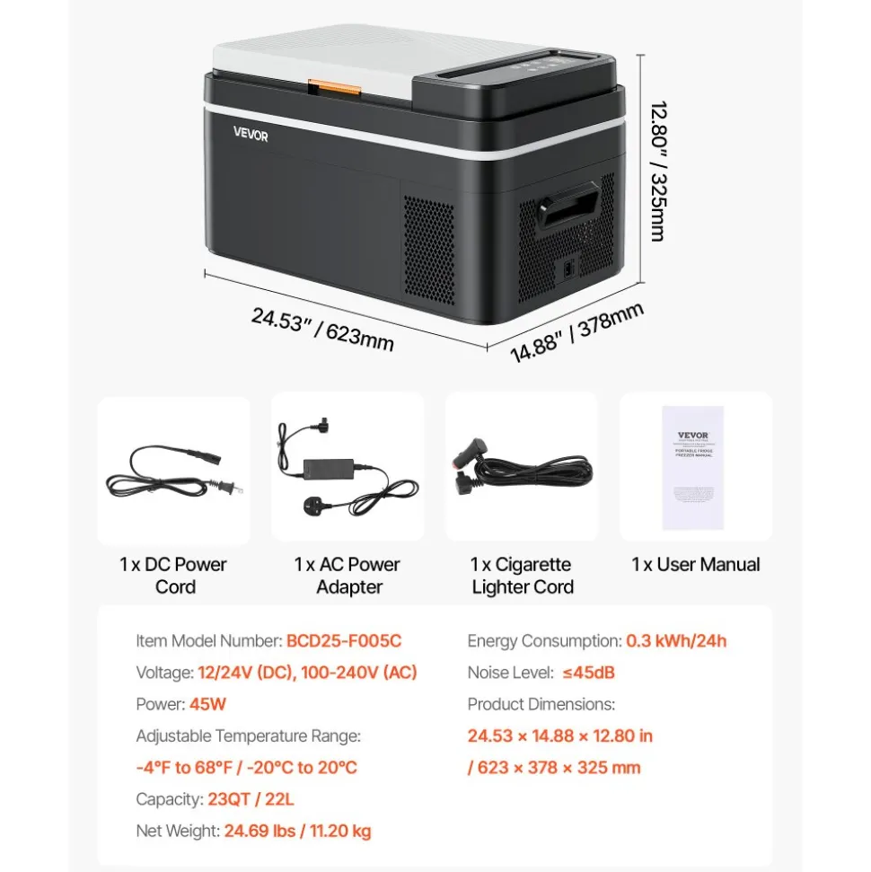 VEVOR Car Refrigerator, DC 12/24V AC100-240V Compressor Electric Cooler, -4°F to 68°F Car Fridge with APP Control, 23 QT Cars Freezer for RVs, Campsites, Boats, Camping, Fishing, 45W Portable Freezer