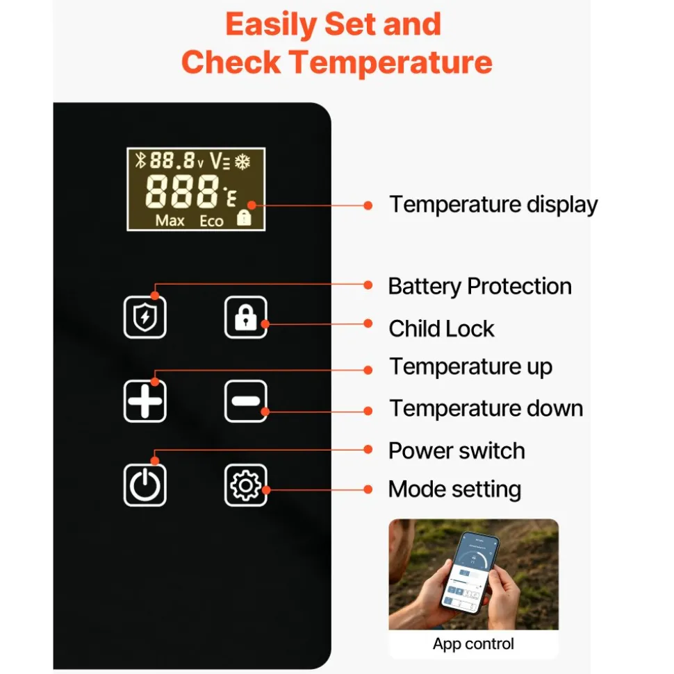 VEVOR Car Refrigerator, DC 12/24V AC100-240V Compressor Electric Cooler, -4°F to 68°F Car Fridge with APP Control, 21 QT Cars Freezer for RVs, Campsites, Boats, Camping, Fishing, 60W Portable Freezer