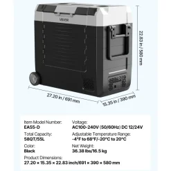 VEVOR Car Refrigerator, DC 12/24V AC100-240V Compressor Electric Cooler, -4°F to 68°F Truck Refrigerator with APP Control, Wheels & Dual Zone, 58 QT Cars Cooler for RVs, Boats, Camping, Fishing