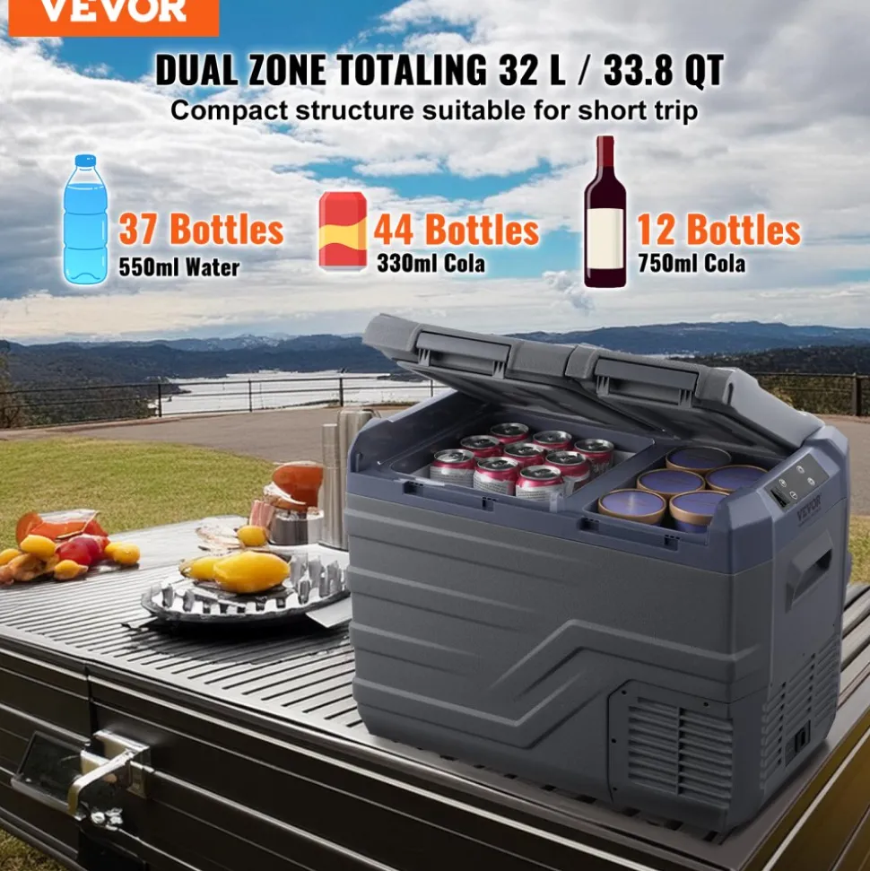 VEVOR Car Refrigerator, 12 Volt Car Refrigerator Fridge, 32 L Dual Zone Portable Freezer, -4℉-68℉ Adjustable Range, 12/24V DC and 100-240V AC Compressor Cooler for Outdoor, Camping, RV
