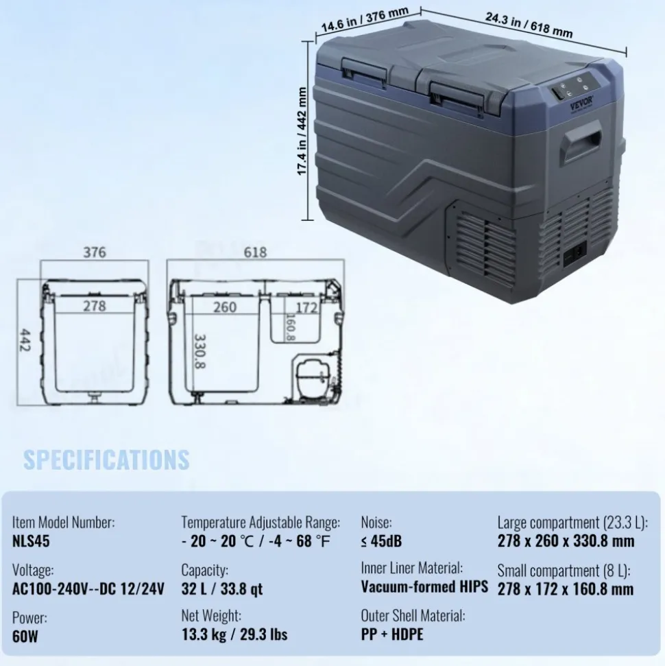 VEVOR Car Refrigerator, 12 Volt Car Refrigerator Fridge, 32 L Dual Zone Portable Freezer, -4℉-68℉ Adjustable Range, 12/24V DC and 100-240V AC Compressor Cooler for Outdoor, Camping, RV