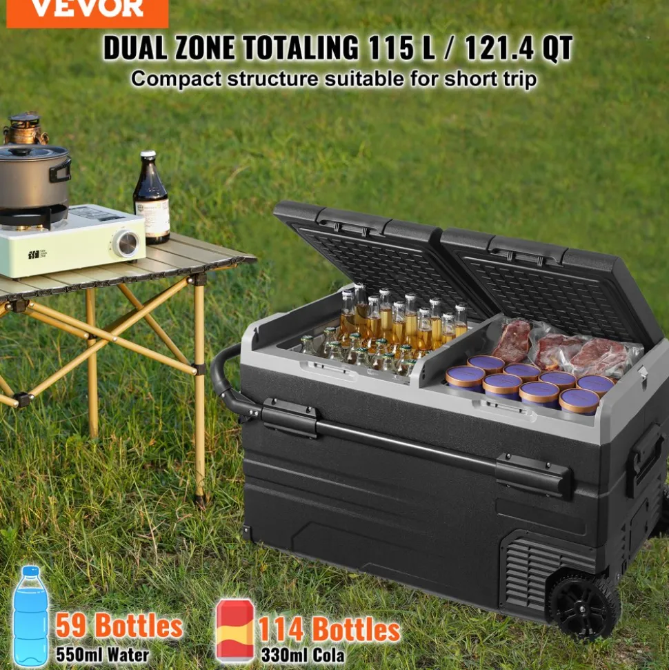 VEVOR Car Refrigerator, 12 Volt Car Refrigerator Fridge, 115 L Dual Zone Portable Freezer with Wheels and Handle, -4℉-68℉, 12/24V DC and 100-240V AC Compressor Cooler for Outdoor, Camping
