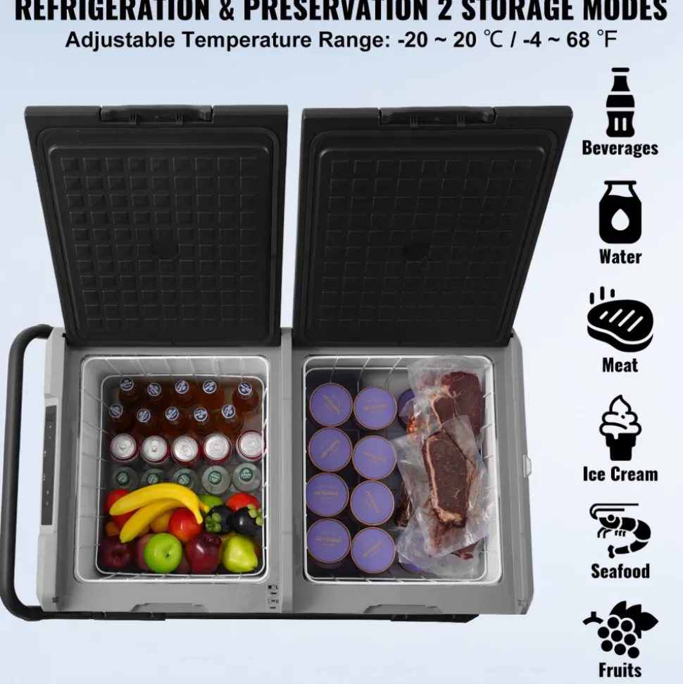 VEVOR Car Refrigerator, 12 Volt Car Refrigerator Fridge, 115 L Dual Zone Portable Freezer with Wheels and Handle, -4℉-68℉, 12/24V DC and 100-240V AC Compressor Cooler for Outdoor, Camping