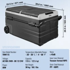 VEVOR Car Refrigerator, 12 Volt Car Refrigerator Fridge, 115 L Dual Zone Portable Freezer with Wheels and Handle, -4℉-68℉, 12/24V DC and 100-240V AC Compressor Cooler for Outdoor, Camping