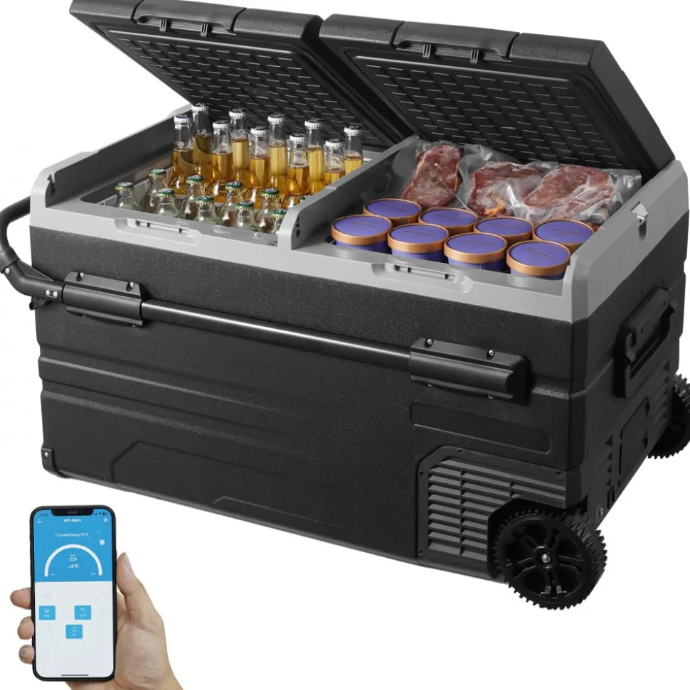 VEVOR Car Refrigerator, 12 Volt Car Refrigerator Fridge, 115 L Dual Zone Portable Freezer with Wheels and Handle, -4℉-68℉, 12/24V DC and 100-240V AC Compressor Cooler for Outdoor, Camping