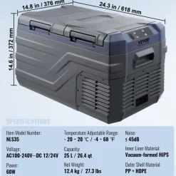 VEVOR Car Refrigerator, 12 Volt Car Refrigerator Fridge, 25 L Dual Zone Portable Freezer, -4℉-68℉ Adjustable Range, 12/24V DC and 100-240V AC Compressor Cooler for Outdoor, Camping, RV