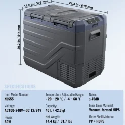 VEVOR Car Refrigerator, 12 Volt Car Refrigerator Fridge, 40 L Dual Zone Portable Freezer, -4℉-68℉ Adjustable Range, 12/24V DC and 100-240V AC Compressor Cooler for Outdoor, Camping, RV