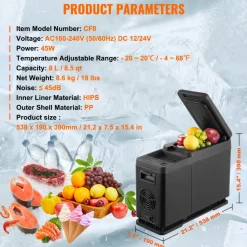 VEVOR Car Refrigerator, 12 Volt Car Armrest Refrigerator Fridge, 8 L Single Zone Portable Freezer, -4℉-68℉ Adjustable Range, 12/24V DC and 100-240V AC Compressor Cooler for Outdoor, Camping