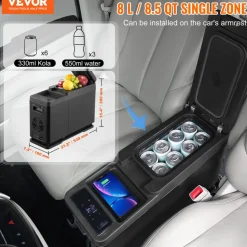 VEVOR Car Refrigerator, 12 Volt Car Armrest Refrigerator Fridge, 8 L Single Zone Portable Freezer, -4℉-68℉ Adjustable Range, 12/24V DC and 100-240V AC Compressor Cooler for Outdoor, Camping