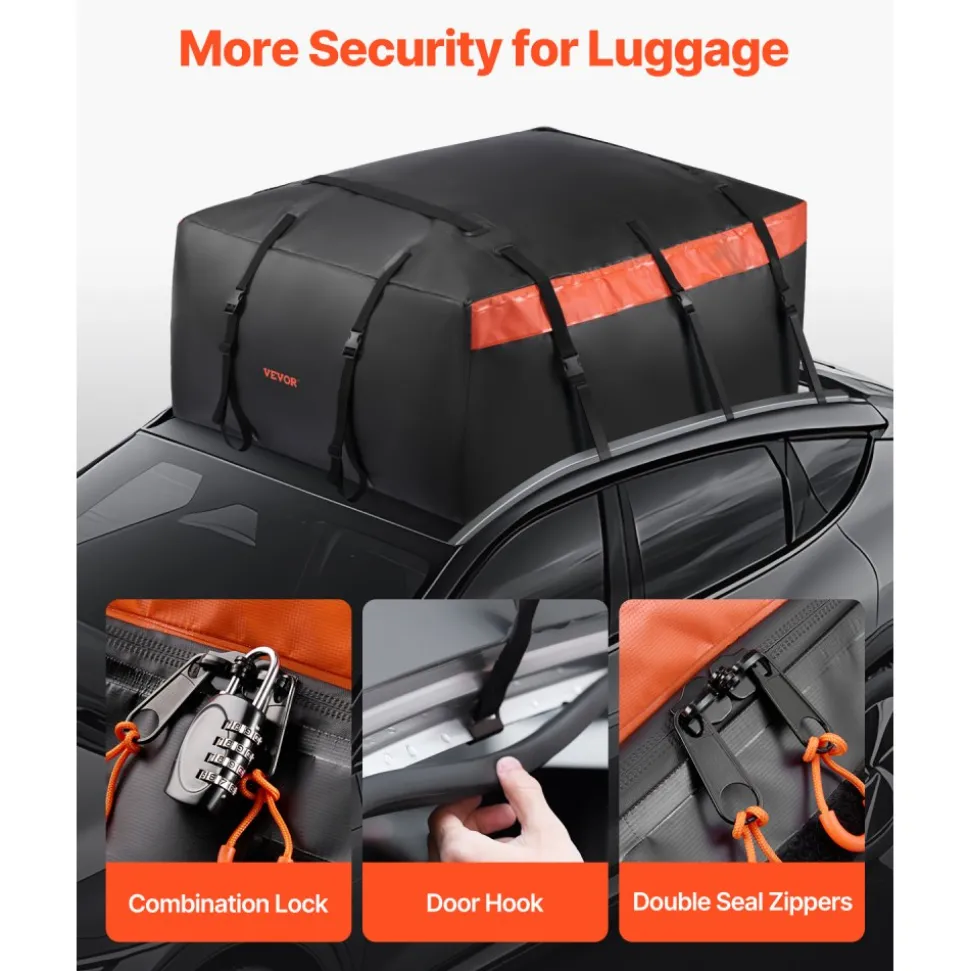 VEVOR Car Rooftop Cargo Carrier Bag, 15 Cubic Feet Car Roof Cargo Carrier, 100% Waterproof Heavy Duty 840D PVC Roof Luggage Bag for All Vehicle with/without Rack- with Lock, Non-Slip Mat, 4 Door Hooks