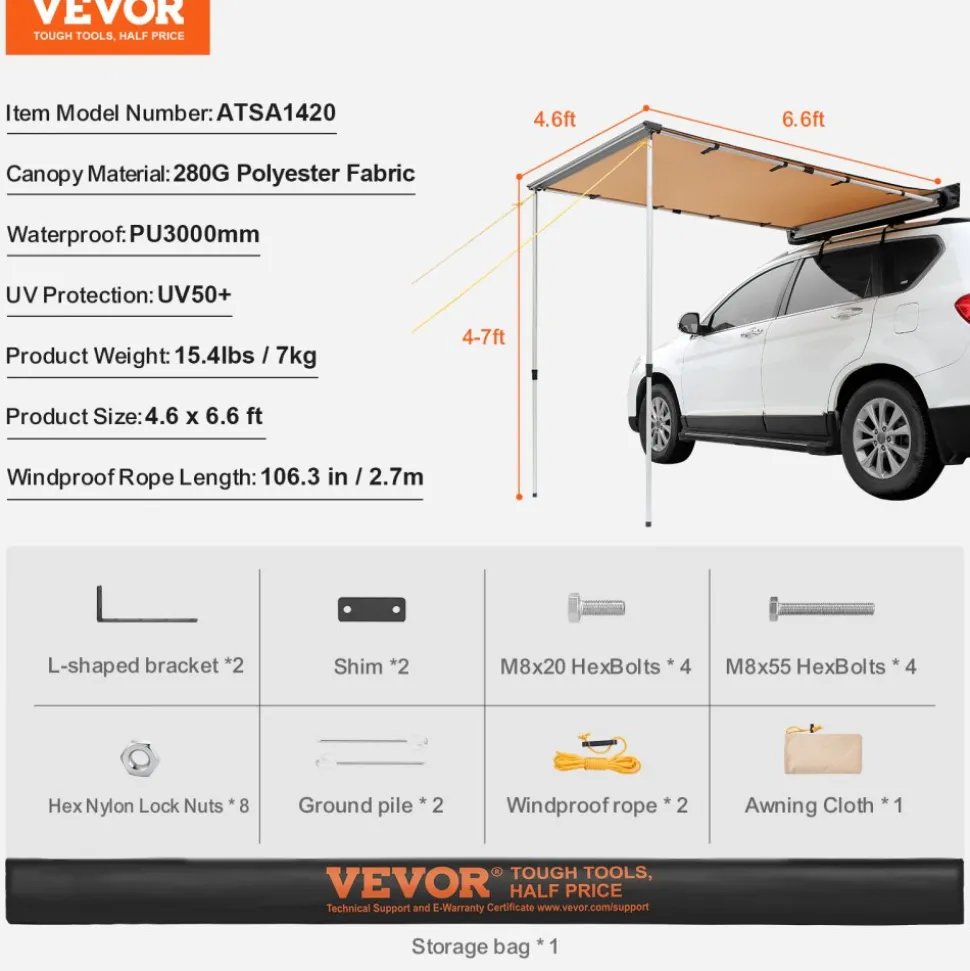 VEVOR Car Side Awning, Large 4.6'x6.6' Shade Coverage Vehicle Awning, PU3000mm UV50+ Retractable Car Awning with Waterproof Storage Bag, Suitable for Truck, SUV, Van, Campers