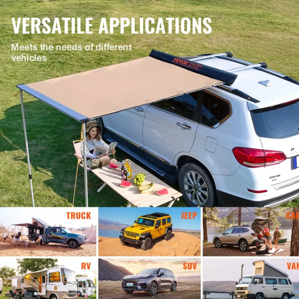 VEVOR Car Side Awning, Large 4.6'x6.6' Shade Coverage Vehicle Awning, PU3000mm UV50+ Retractable Car Awning with Waterproof Storage Bag, Suitable for Truck, SUV, Van, Campers