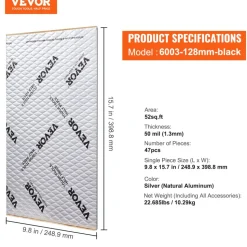 VEVOR Car Sound Deadening Mat, 50 mil 52 sqft Car Sound Dampening Material, Butyl Automotive Sound Deadener, Noise Insulation and Vibration Dampening Material for Car