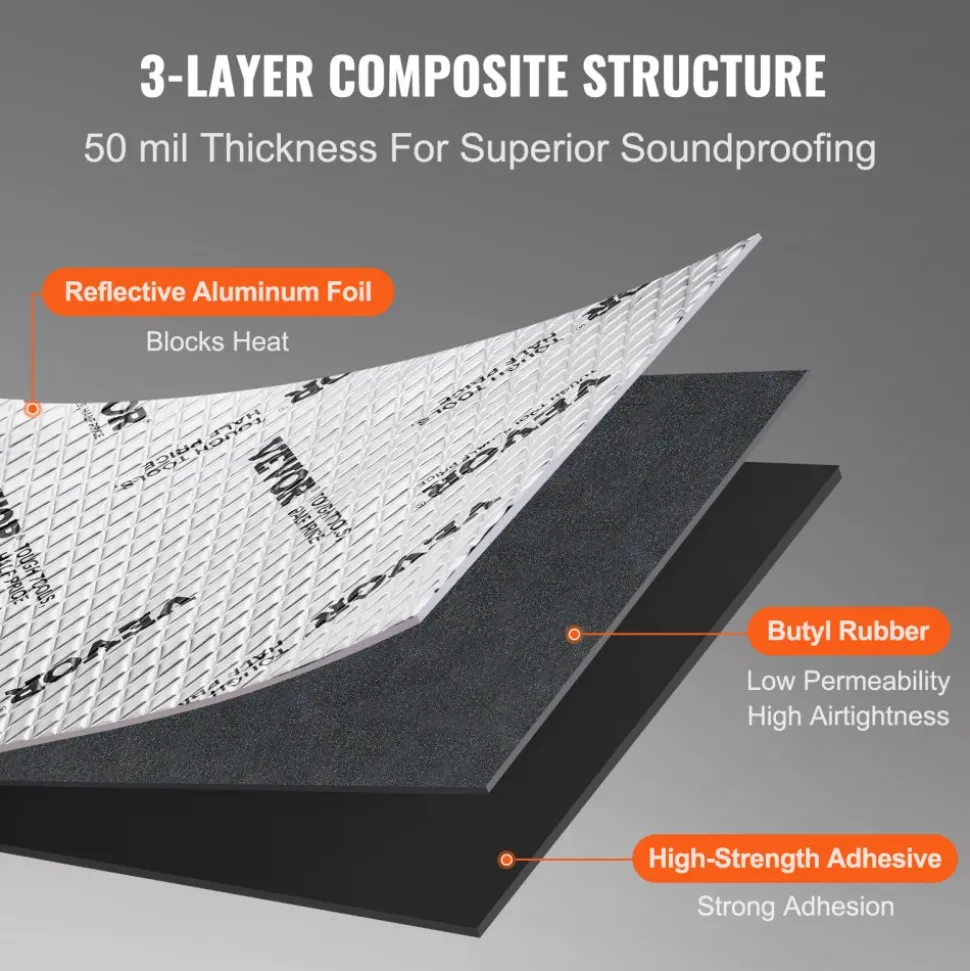 VEVOR Car Sound Deadening Mat, 50 mil 52 sqft Car Sound Dampening Material, Butyl Automotive Sound Deadener, Noise Insulation and Vibration Dampening Material for Car