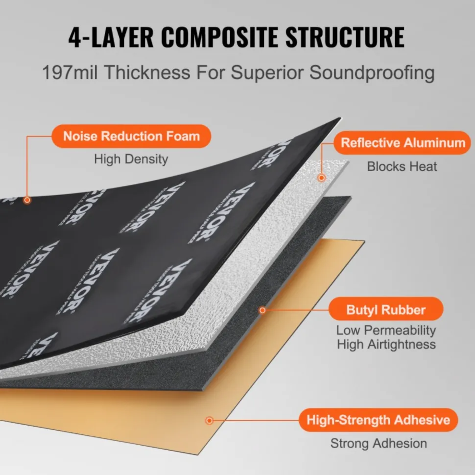 VEVOR Car Sound Deadening Mat, 200 mil 25 sqft Car Sound Dampening Material, Butyl Automotive Sound Deadener, Noise Insulation and Vibration Dampening Material for Car