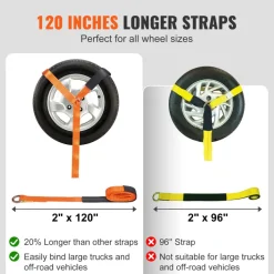 VEVOR Car Tie Down Straps Kit, Lasso Style 2" x 120" Tire Straps, 5512 LBS Working Load, 11023 LBS Breaking Strength, with Flat Hooks for Passenger Car, ATV, Motorcycle, Van, SUV, UTV, Trailer, 4-Pack