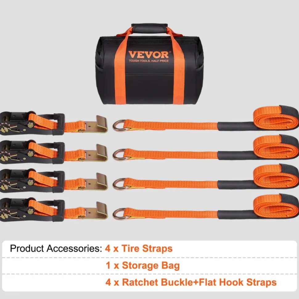 VEVOR Car Tie Down Straps Kit, Lasso Style 2" x 120" Tire Straps, 5512 LBS Working Load, 11023 LBS Breaking Strength, with Flat Hooks for Passenger Car, ATV, Motorcycle, Van, SUV, UTV, Trailer, 4-Pack